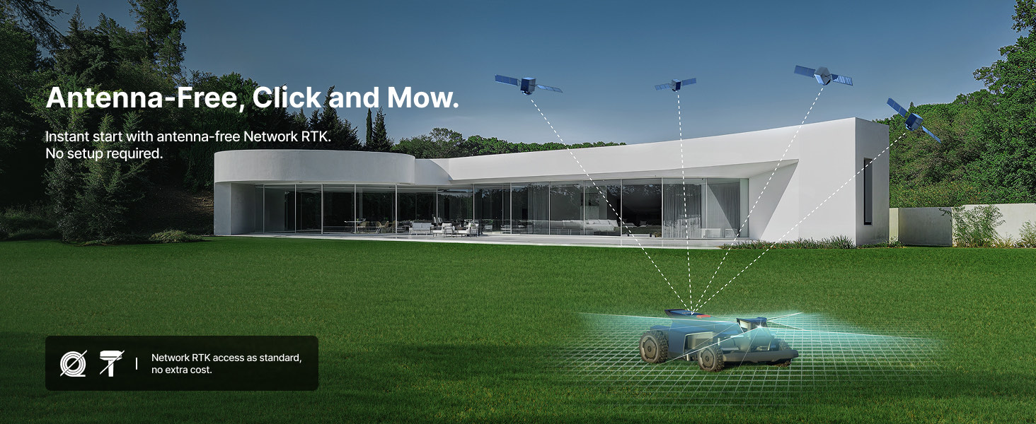 Navimow mowing a large lawn in front of a modern home, positioned by RTK satellites with no antenna and no boundary wire